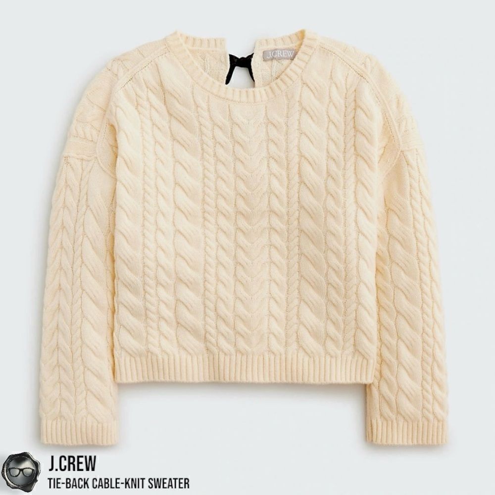 J.CREW TIE-BACK CABLE KNIT SWEATER IN BUTTERCREAM WITH BLACK BOW SLIGHT CROP MED